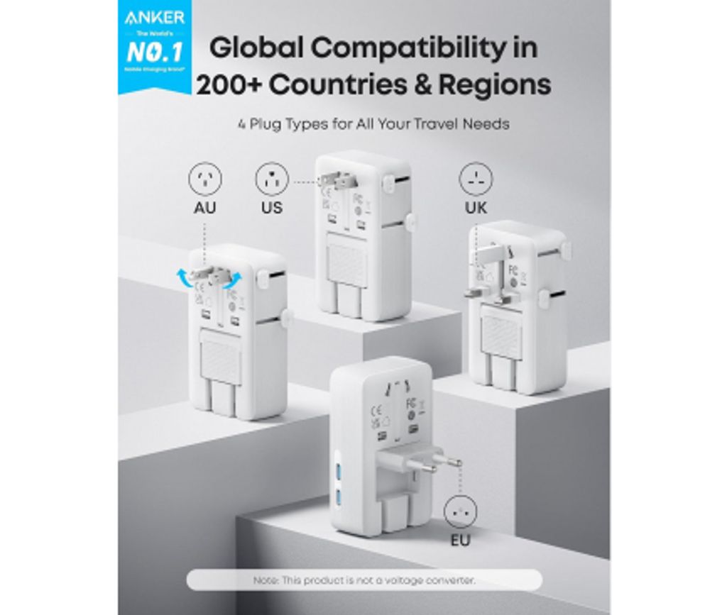 Anker Nano Travel universell reiseadapter 20W, 3A, 2x USB-A og 2x USB-C - hvit