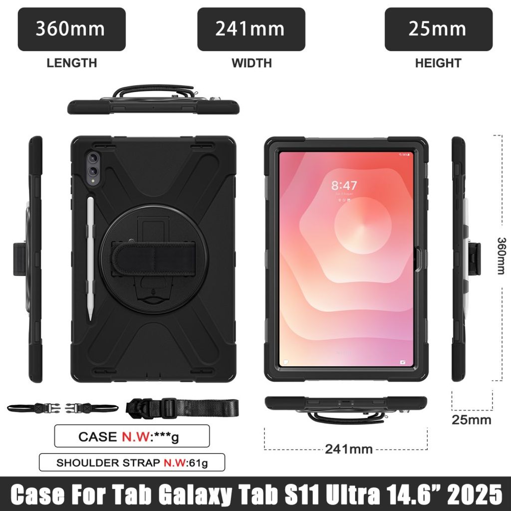 Samsung Galaxy Tab S11 Ultra Kuori Jalustalla Olkahihnalla - Musta