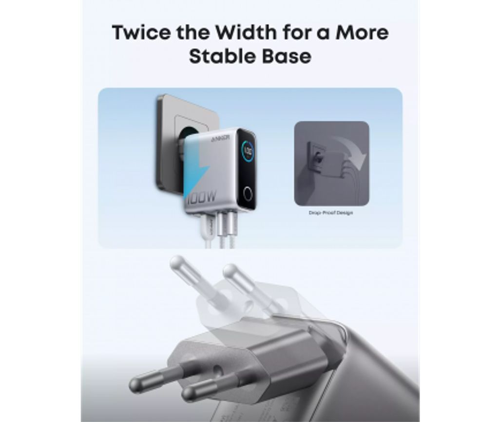 Anker Smart Display Vægoplader 100W, 1x USB-A / 2x USB-C – Sølv