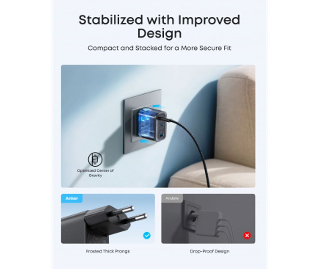 Anker Nano väggladdare 70W, 3.5A, 1x USB-A / 2x USB-C – grå