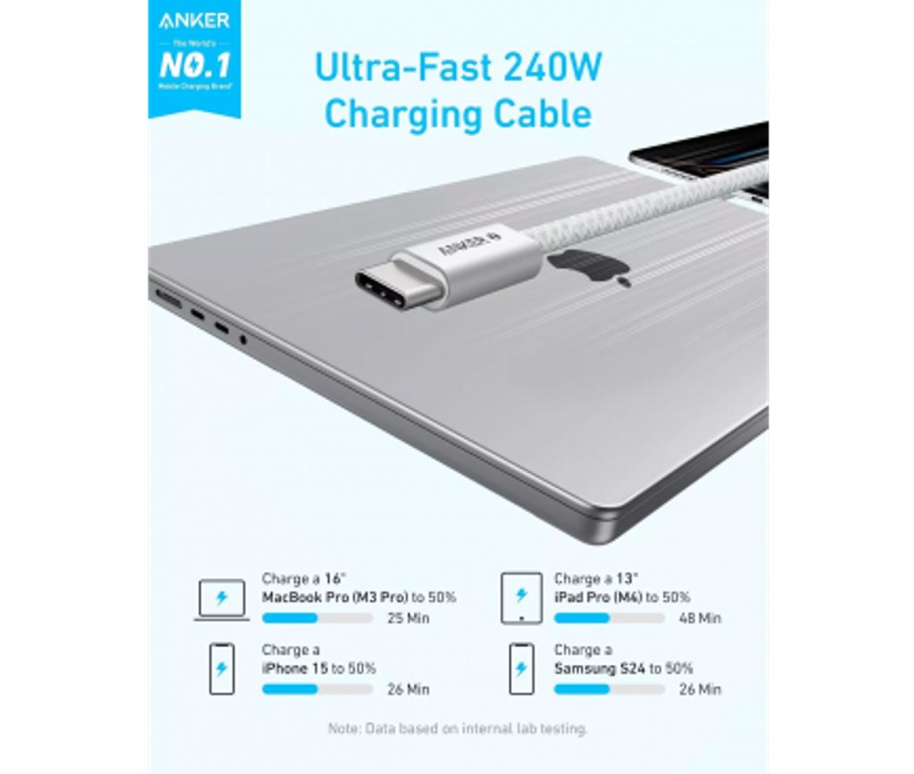 Anker Zolo USB-C til USB-C opladningskabel 240W, 1,8m - Hvid