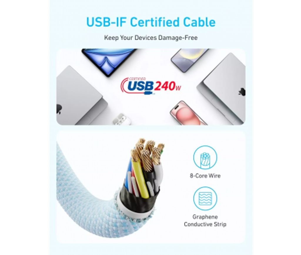 Anker Zolo USB-C til USB-C opladningskabel 240W, 1,8m - Hvid