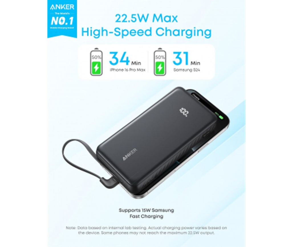 Anker Zolo varavirtalähde 10000mAh, 22.5W QC+PD USB-C-kaapelilla - Musta
