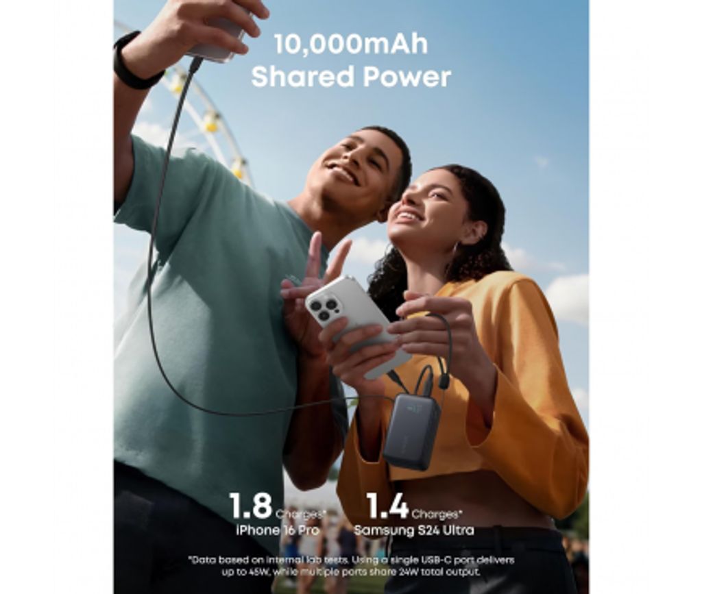 Anker Nano Powerbank 10.000mAh, 45W, QC + PD med USB-C-kabel - Sort