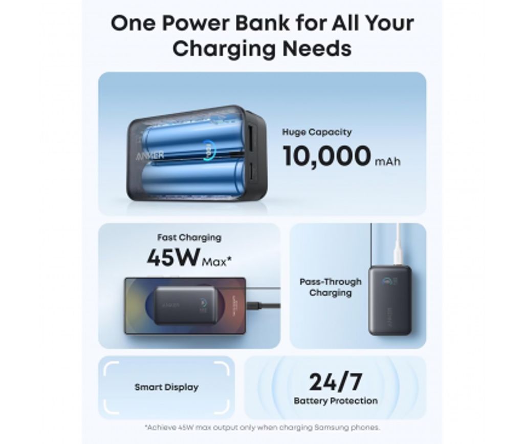 Anker Nano Powerbank 10.000mAh, 45W, QC + PD med USB-C-kabel - Sort