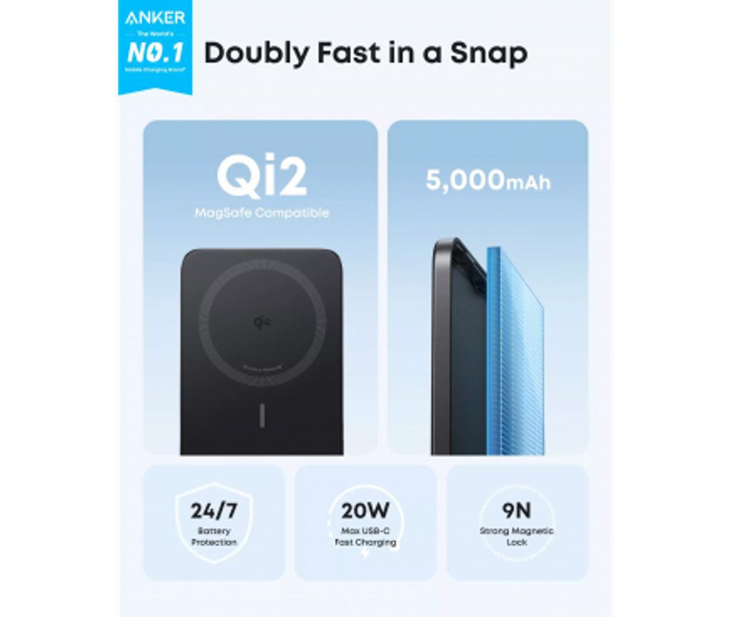 Anker Nano trådlös powerbank 5000mAh, 20W, PD + FQI – svart