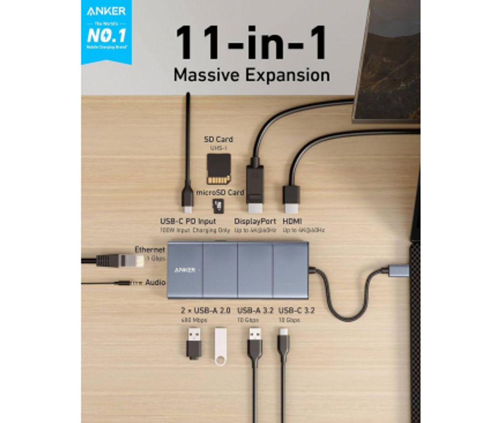 Anker PowerExpand USB-C -keskitin USB-A/USB-C /DisplayPort/HDMI/3.5mm/RJ45/SD/microSD