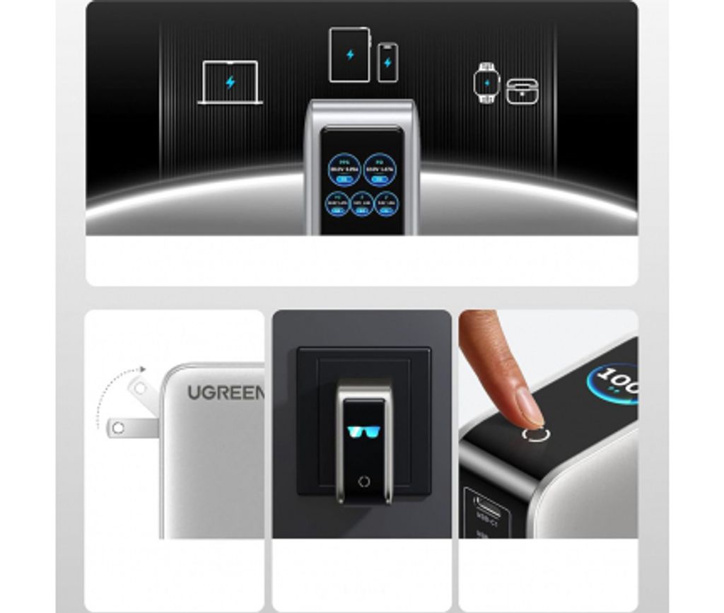 Ugreen X773 vægoplader 100W, 1 x USB-A / 4 x USB-C – grå