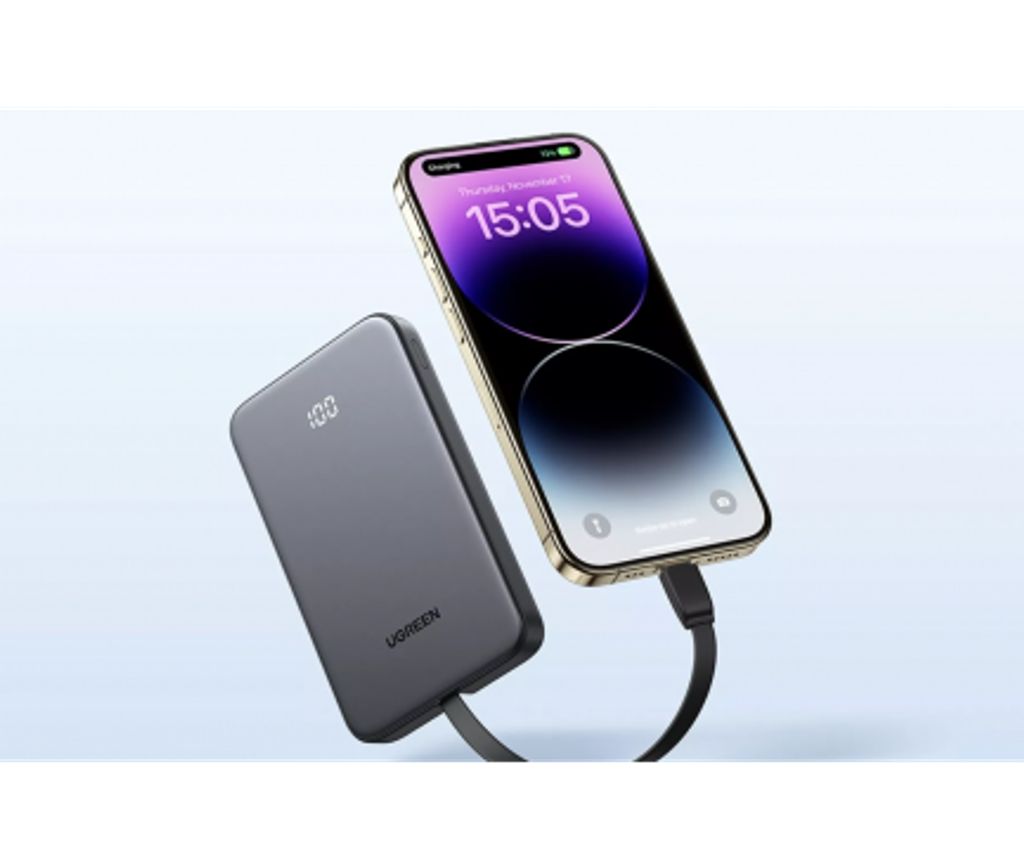 UGREEN PB526 Powerbank 10000mAh, 20W, QC + PD med USB-C-kabel – Grå