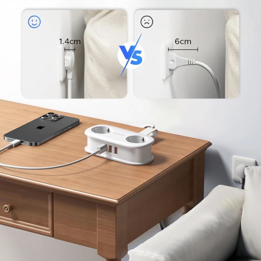 Orico AP3 Strømuttak 2x Schuko / 2x USB-A / 1x USB-C - Hvit