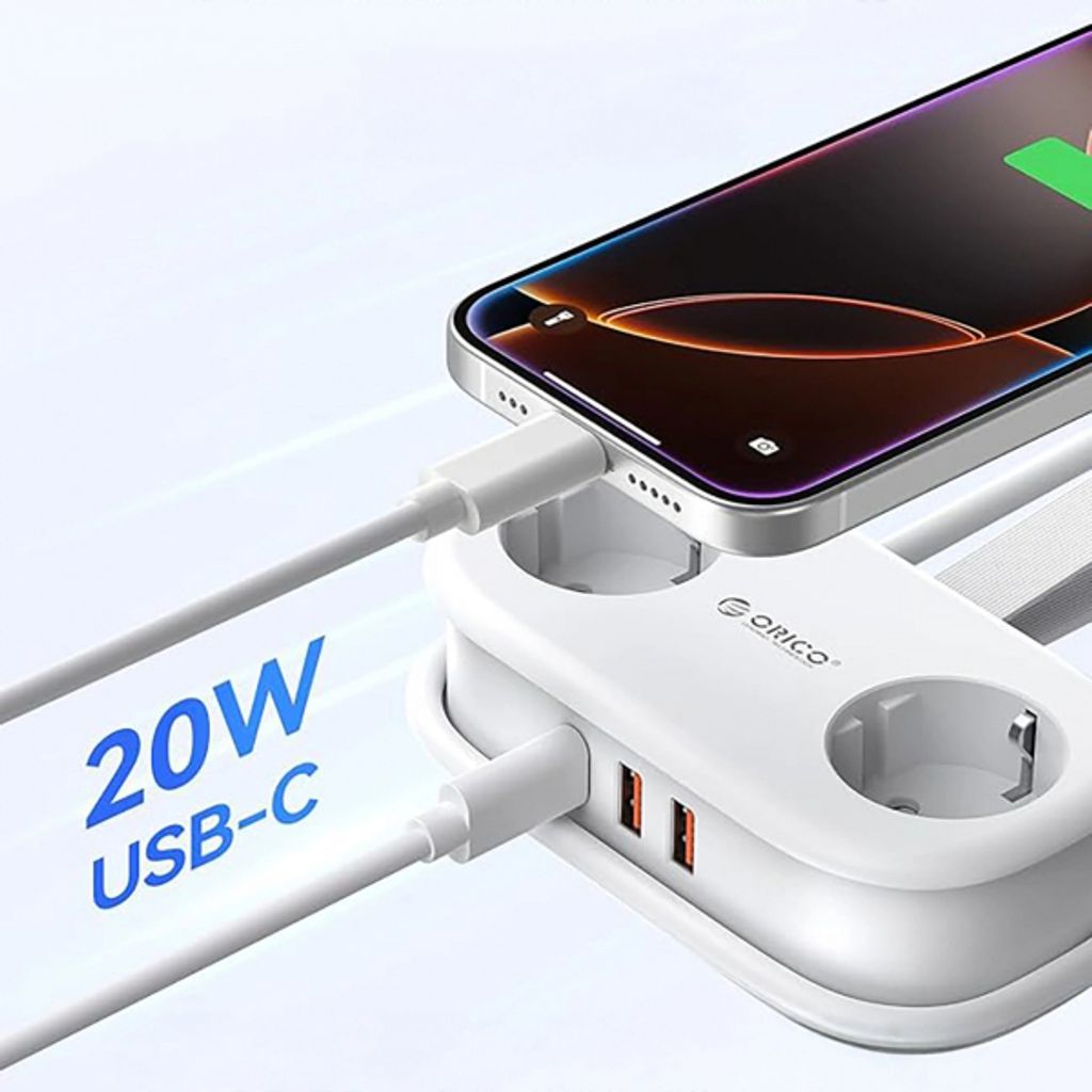 Orico AP3 Strømuttak 2x Schuko / 2x USB-A / 1x USB-C - Hvit