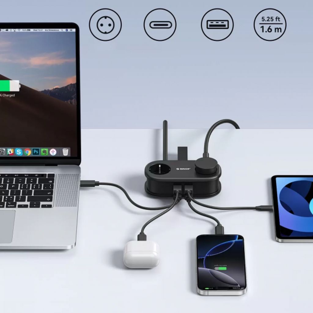 Orico AP3 2-vägs Grenuttag med 2x USB-A & 2x USB-C – svart