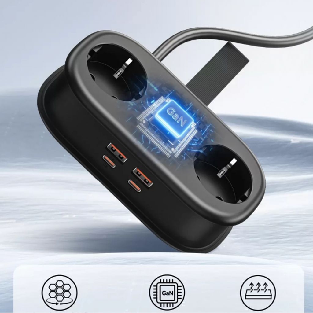 Orico AP3 2-vägs Grenuttag med 2x USB-A & 2x USB-C – svart