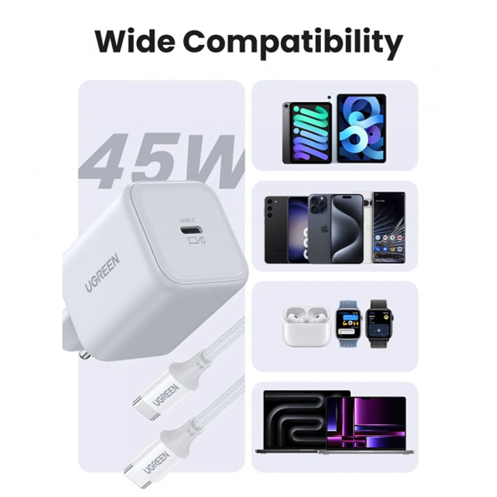 Ugreen X524 -seinälaturi 45W USB-C-kaapelilla – Valkoinen