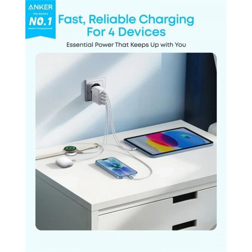 Anker Zolo 50W Vægoplader 3A, 2x USB-A / 2x USB-C - Hvid