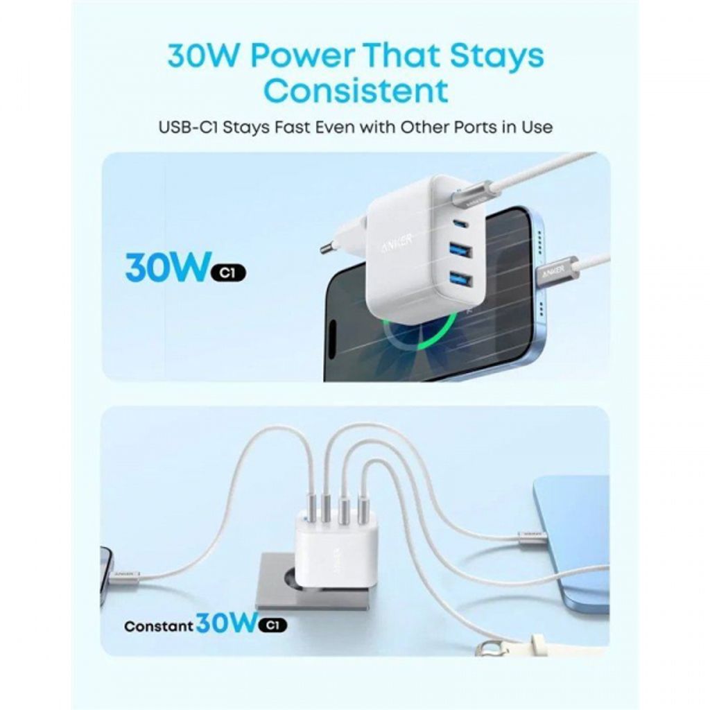 Anker Zolo 50W Vægoplader 3A, 2x USB-A / 2x USB-C - Hvid