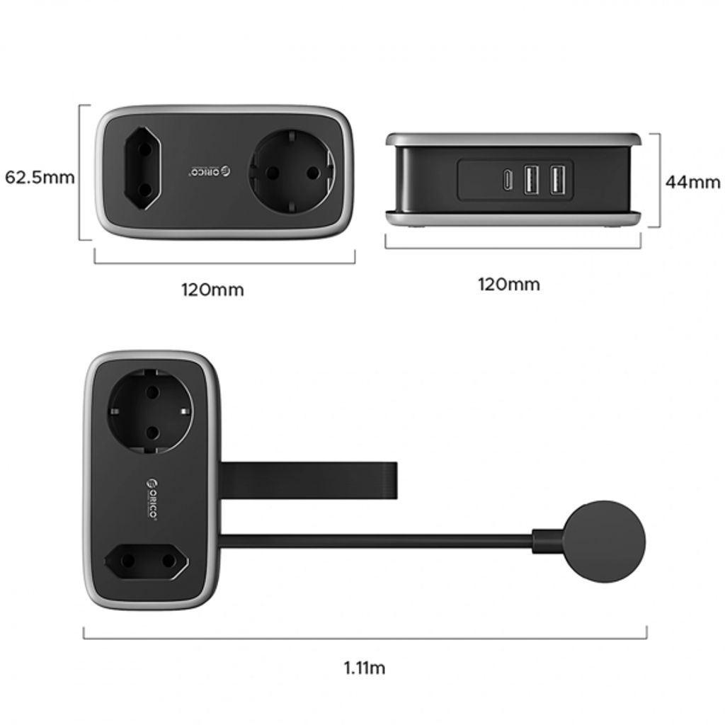Orico APP-strømskinne 2x strømuttak / 2x USB-A / 1x USB-C 15,5W - svart/grå