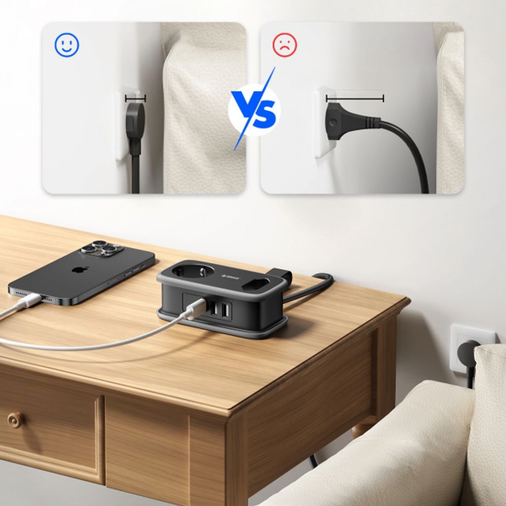Orico APP-strømskinne 2x strømuttak / 2x USB-A / 1x USB-C 15,5W - svart/grå