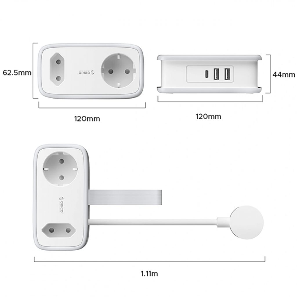Orico APP-strømskinne – 2x strømuttak, 2x USB-A, 1x USB-C 15,5W – hvit/grå