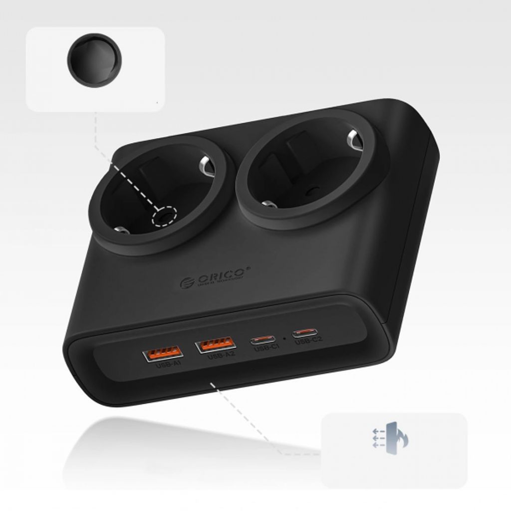 Orico PDC25 Strømskinne 2x Strømuttak / 2x USB-A / 2x USB-C – Svart
