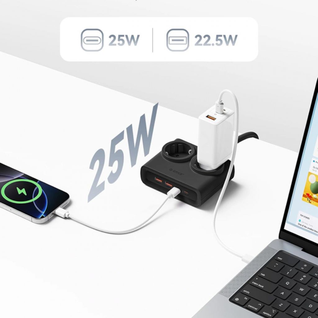 Orico PDC25 Strømskinne 2x Strømuttak / 2x USB-A / 2x USB-C – Svart