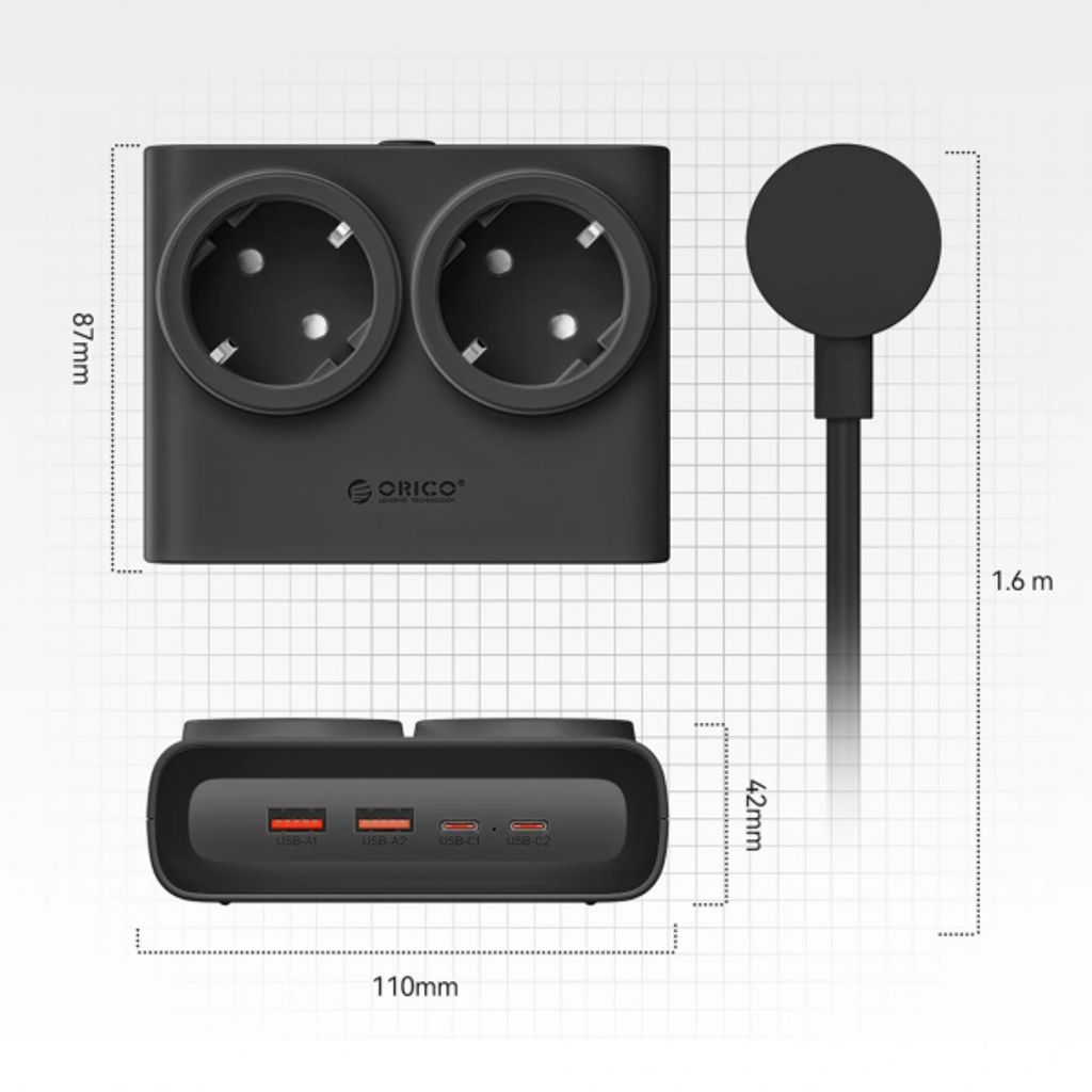 Orico PDC25 Strømskinne 2x Strømuttak / 2x USB-A / 2x USB-C – Svart