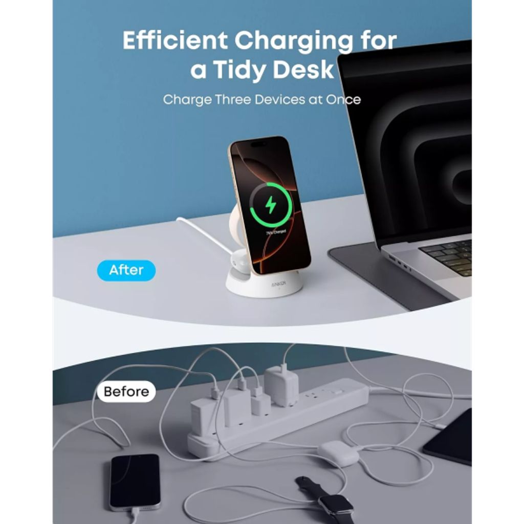 Anker MagGo 3i1 trådløs oplader 15W – Hvid