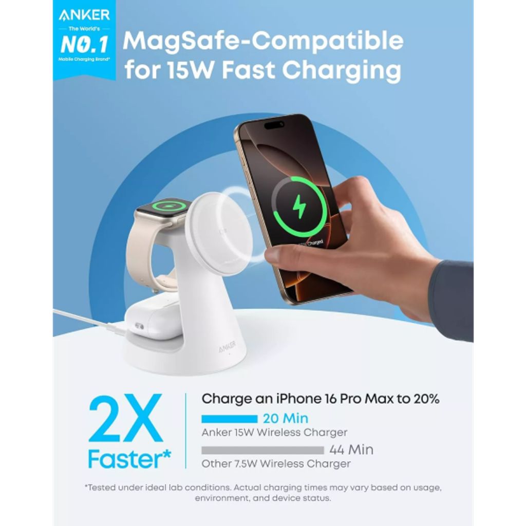 Anker MagGo 3i1 trådløs oplader 15W – Hvid
