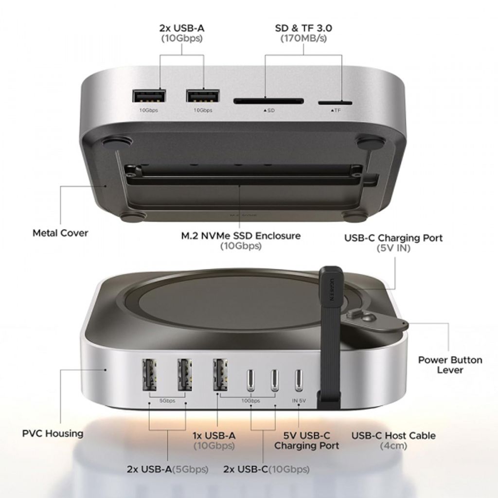 Ugreen monitoiminen keskitin CM841A Mac Mini M4/Pro:lle, 10in1 - harmaa
