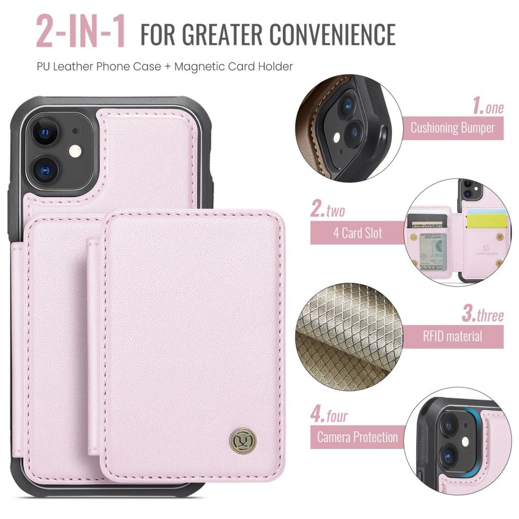 JEEHOOD iPhone 11 Lompakkokuori irrotettavalla kortin haltijalla – Vaaleanpunainen