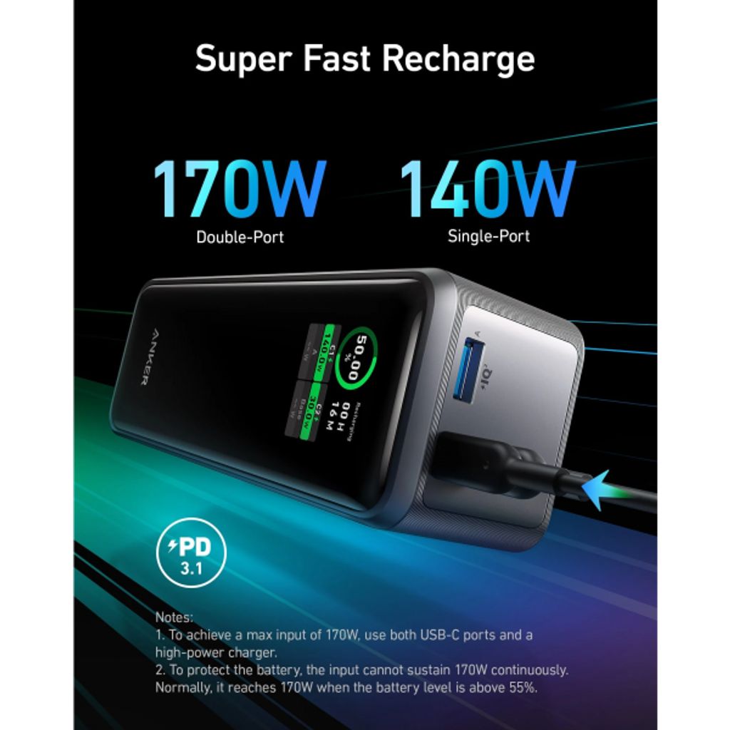Anker Prime Varavirtalähde 27650mAh 250W QC + PD - Musta