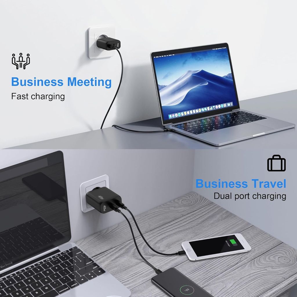 Pikalaturi USB-C 2-porttinen GaN PD, 45 W - Musta