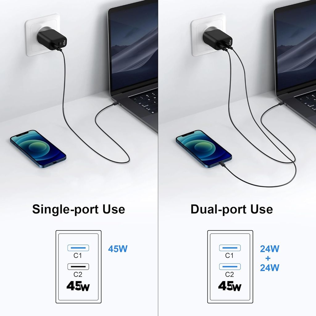 Pikalaturi USB-C 2-porttinen GaN PD, 45 W - Musta