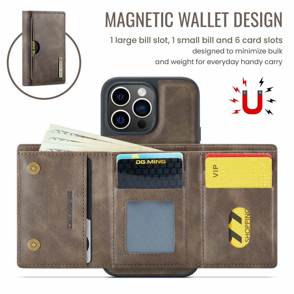 DG.MING M6 iPhone 13 Pro Lompakkokuori Irrotettava Magneetti - Kahvi