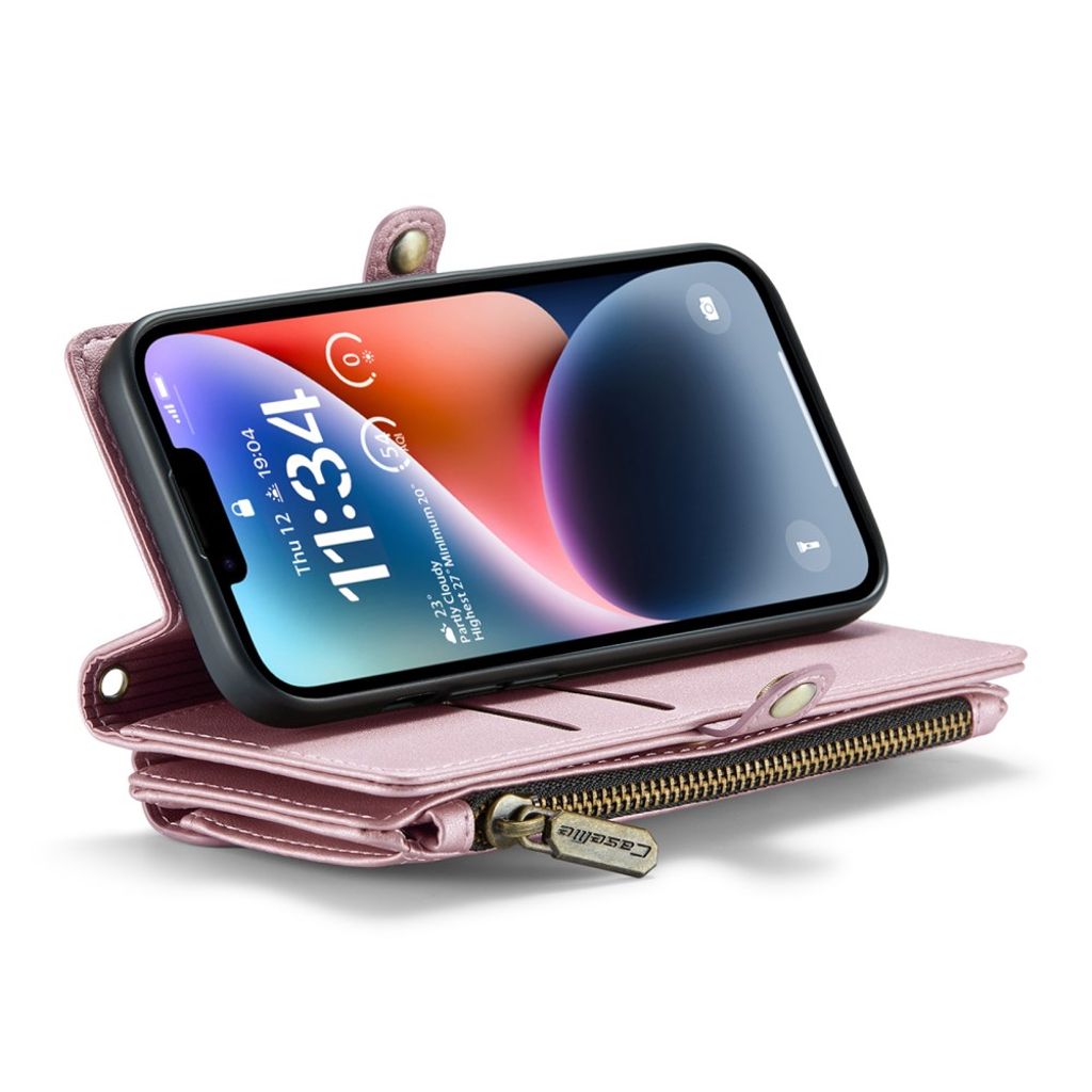 CASEME iPhone 14 Pungetui med Kortholder, Stativ & RFID-blokering - Lyserød