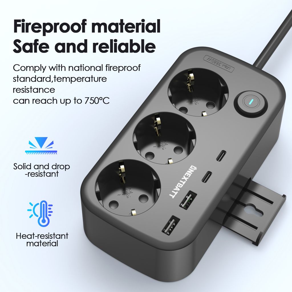 NEXTBATT Forgreningsskinne 3 stikkontakter 230V/2x USB-A/2x USB-C, 150cm
