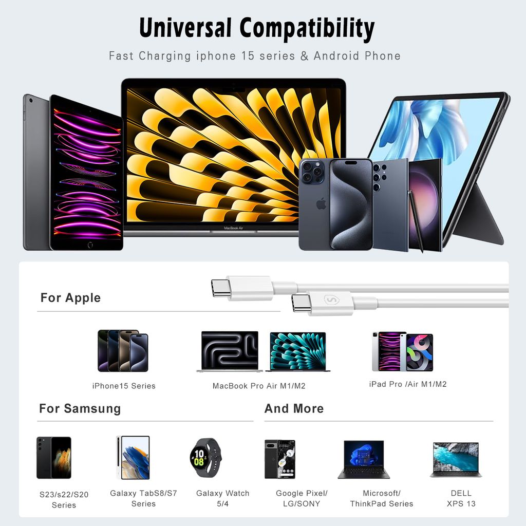 SiGN Pikalatauskaapeli USB-C - USB-C 60W, 3A, 2m USB-C PD - Valkoinen