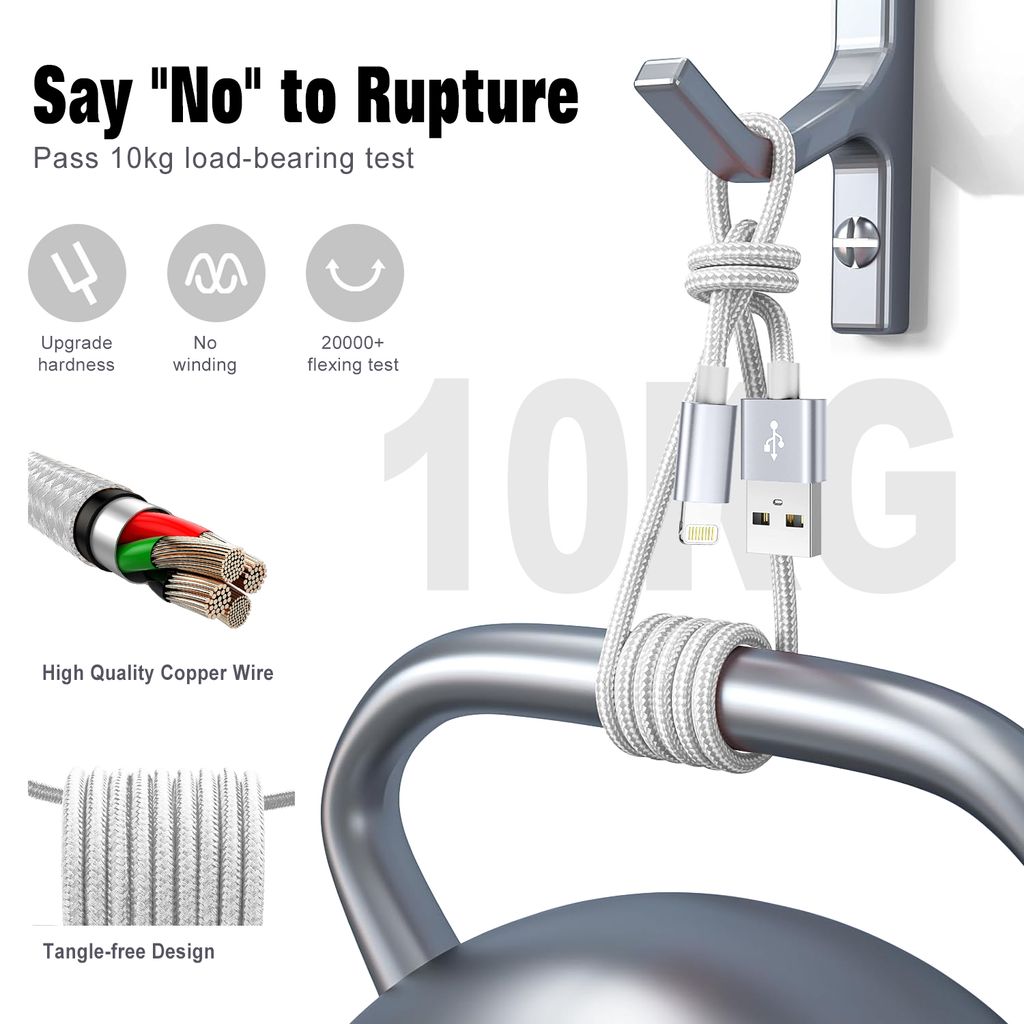 SiGN USB-Lightning-kaapeli, 2.1A, 3m, nailon - hopea