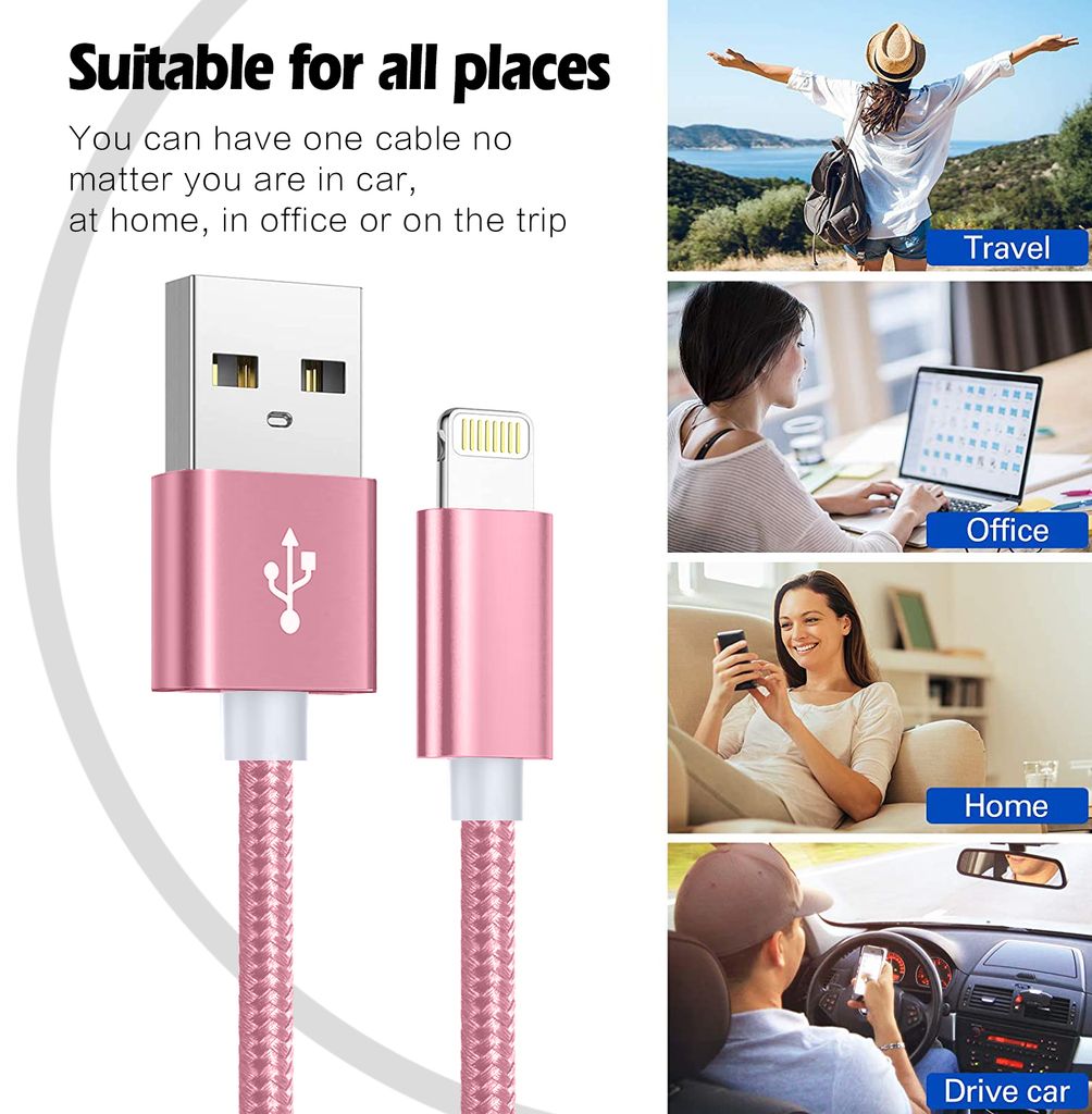 Sign USB-kaapeli Lightning-liittimellä iPhonelle ja iPadille, 2.1A, 2m - vaaleanpunainen