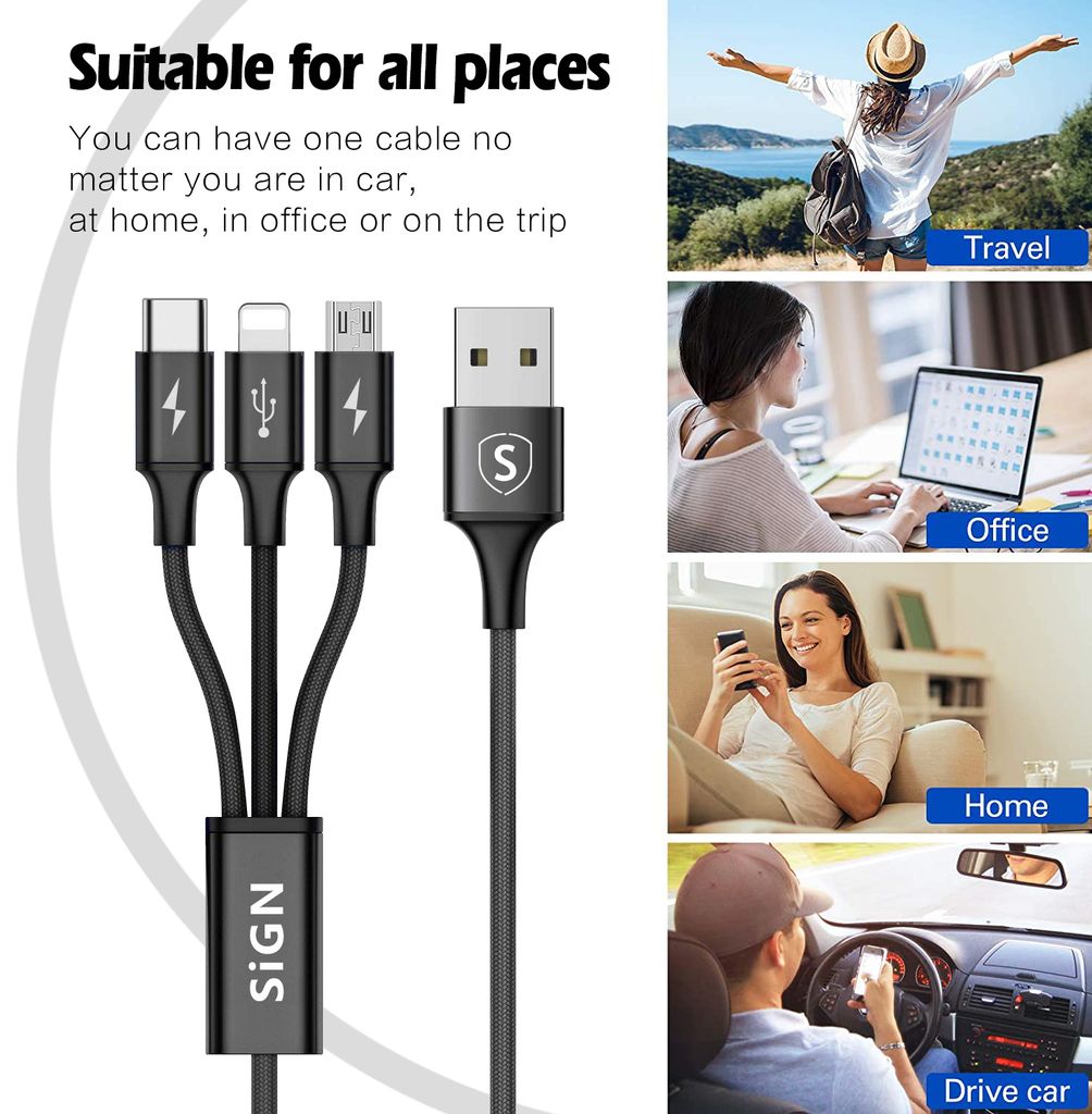 SiGN 3-in-1 Cable Lightning, USB-C, Micro-USB, 2,4 A, 0,25 m - musta