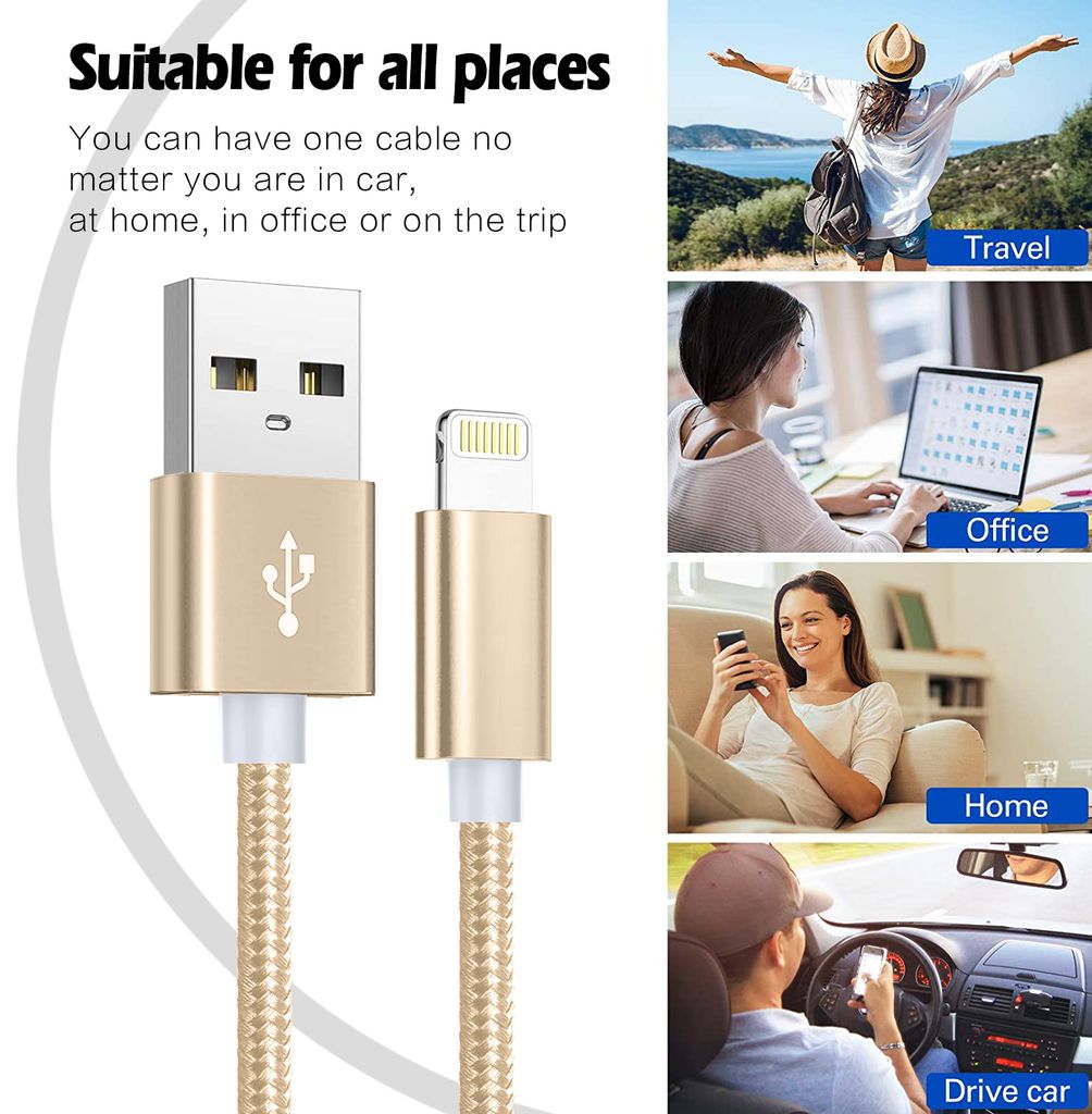 SiGN USB-kaapeli Lightning 2,4A:lla, iPhonelle ja iPadille, 1m - Kulta/Nylon