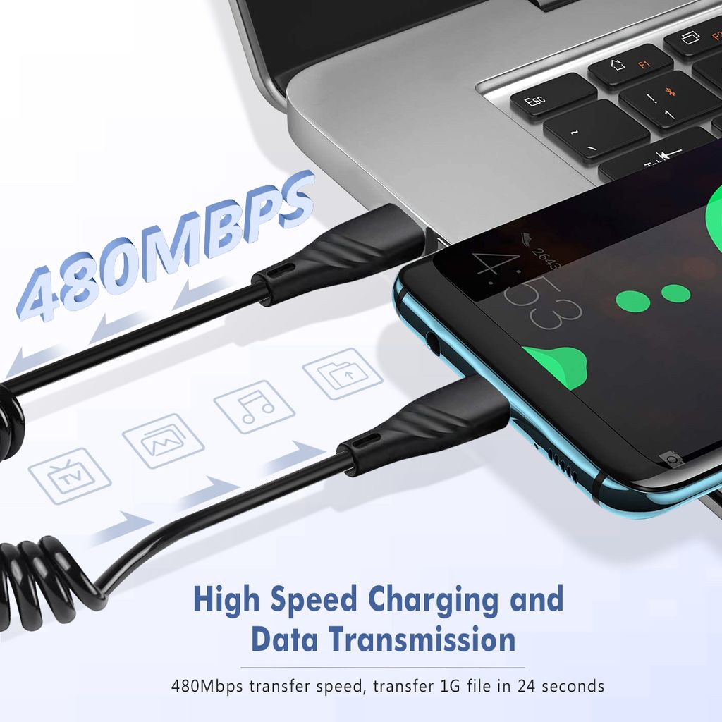 SiGN 60W spiralformet USB-C til USB-C hurtigopladningskabel til bil – sort