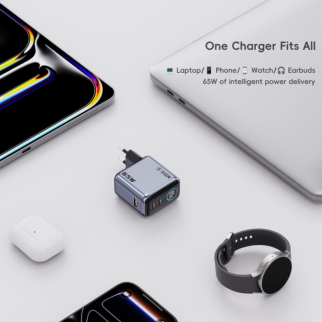 SiGN 65W Snabbladdare med Display – 2x USB-C / 1x USB-A - Grå