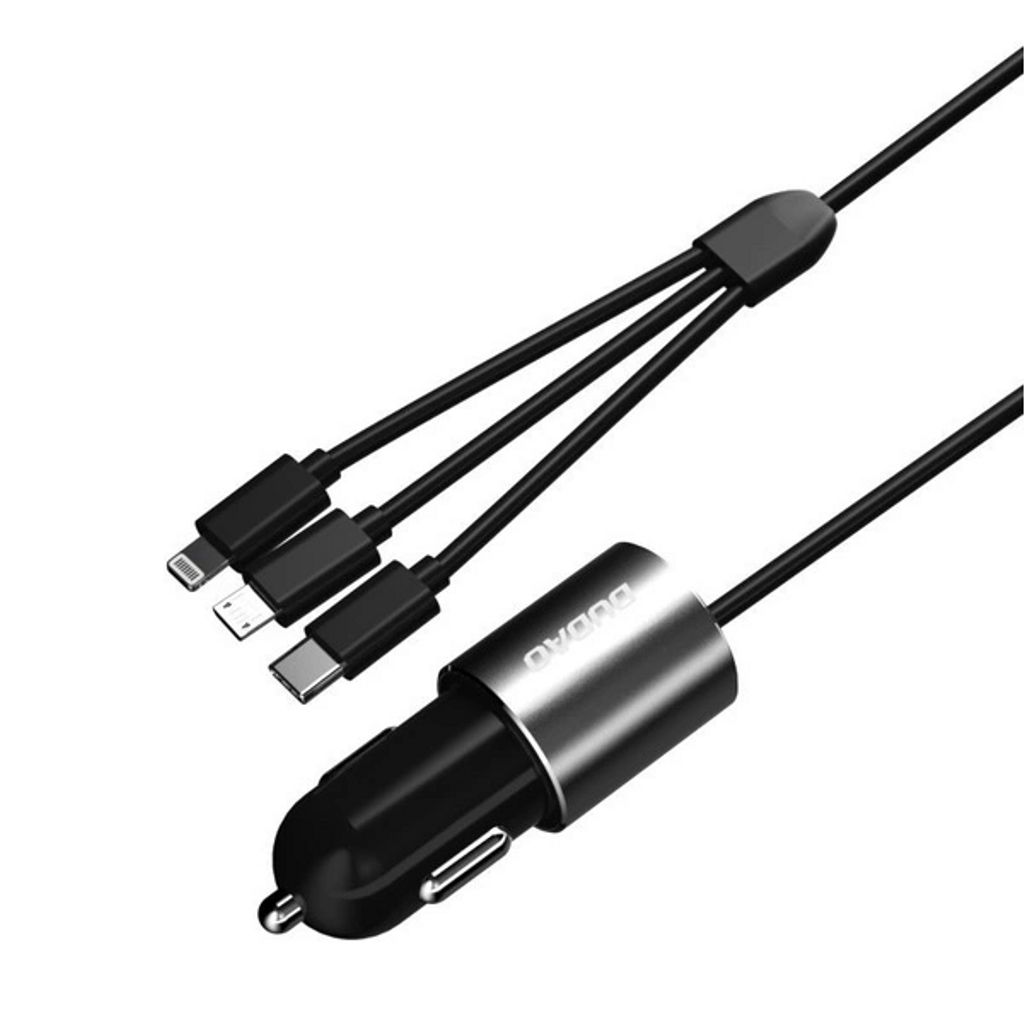 Dudao 3in1 USB-A billaddare med inbyggd Lightning/ USB-C/ mikro-USB-kabel