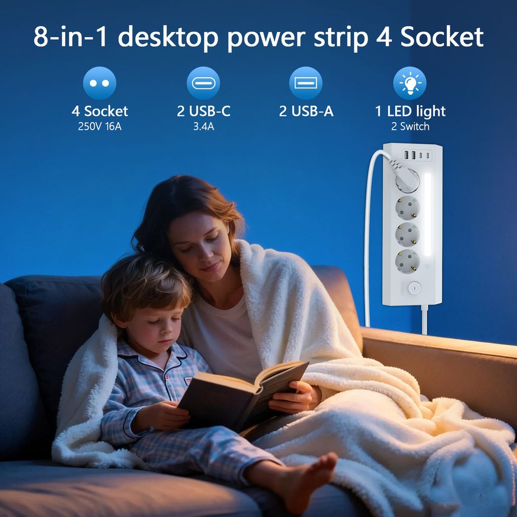 SiGN hurtigladende strømskinne for skrivebord 4-veis/2x USB-A/2x USB-C 1,8m – hvit