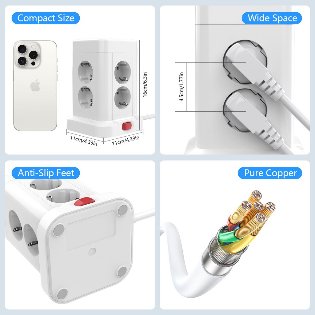 SiGN skrivebordsstrømskinne 8-veis + 2x USB-C/2x USB-A, 1,8m – hvit