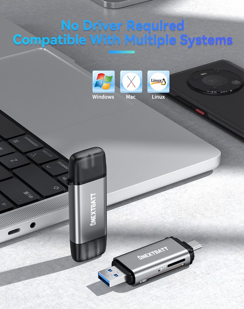 NEXTBATT SD-/microSD-minneskortläsare med USB-C/USB-A