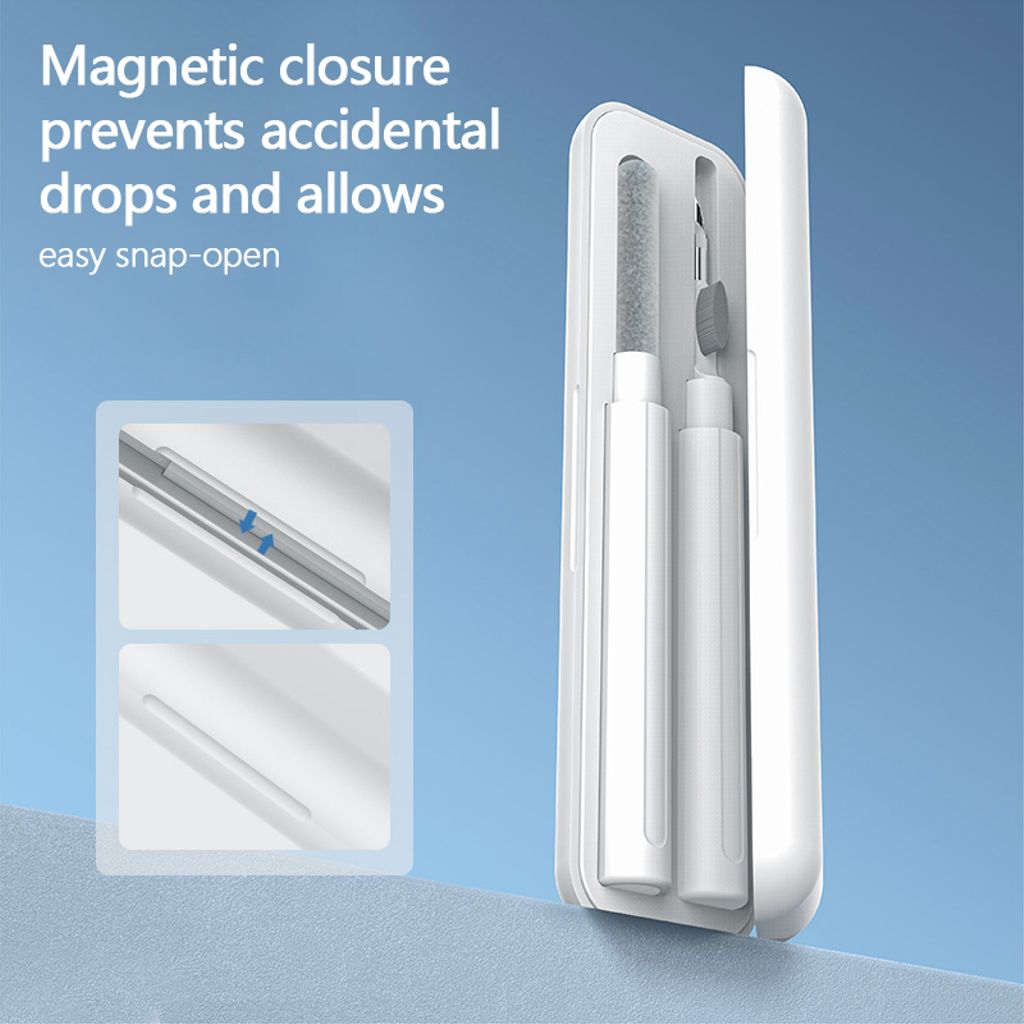 Teleskopisk Q5 rengøringsbørste til hovedtelefoner og opladningsetui – hvid