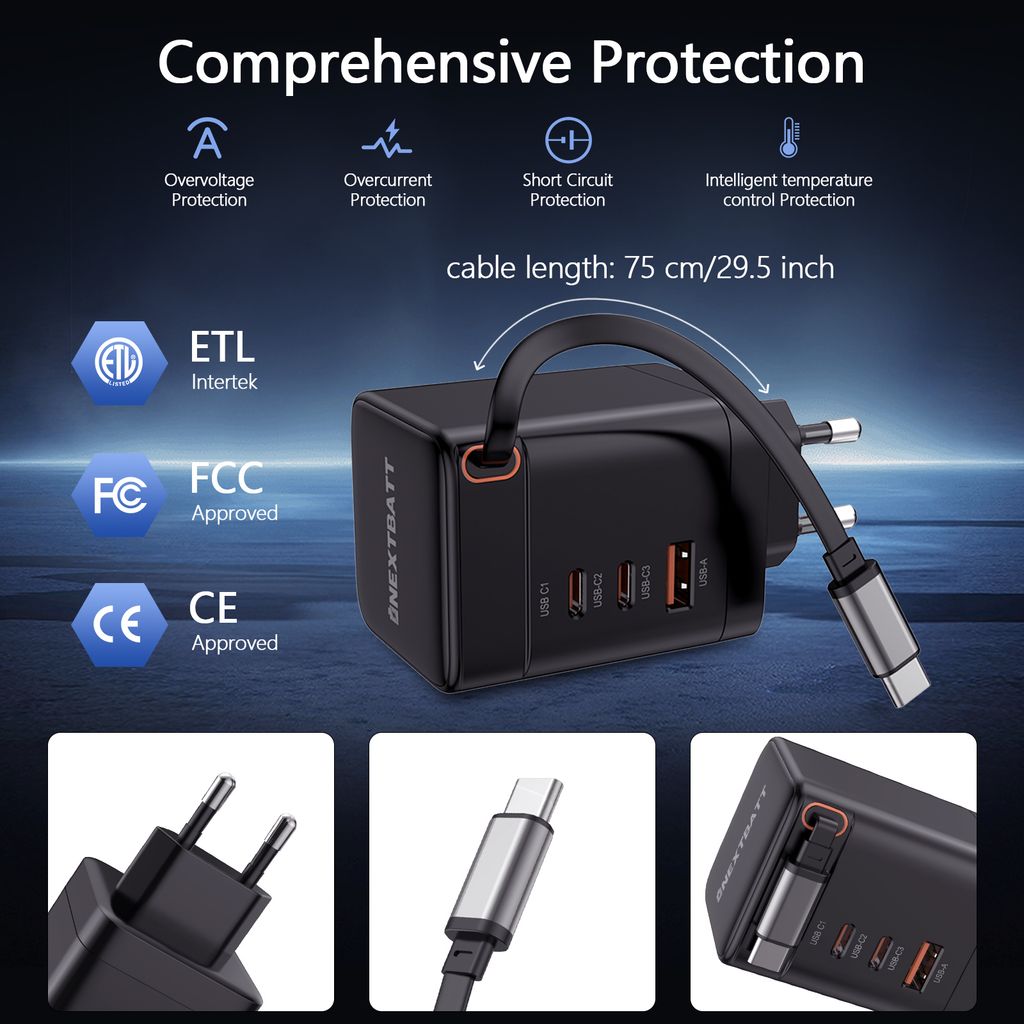 NEXTBATT 100W GAN snabbladdare med utdragbar USB-C-kabel – Svart