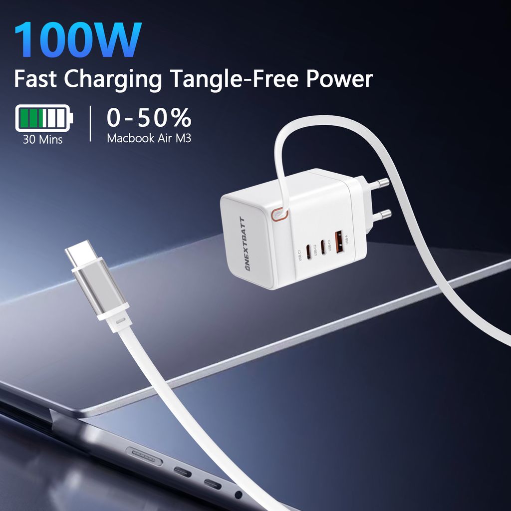SiGN 100W GAN snabbladdare med utdragbar USB-C-kabel – Vit